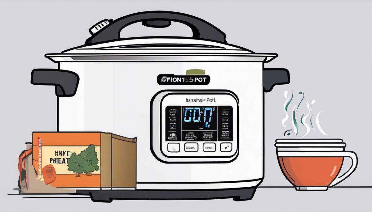 Illustration showing an Instant Pot stuck on preheat mode with a question mark above it, symbolizing confusion and troubleshooting